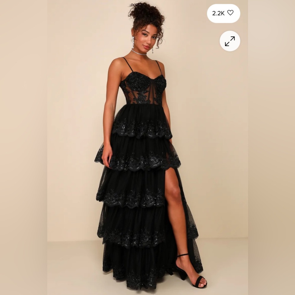 Lulu's Alluring Sensation Black Tulle Embroidered Tiered Maxi Dress
